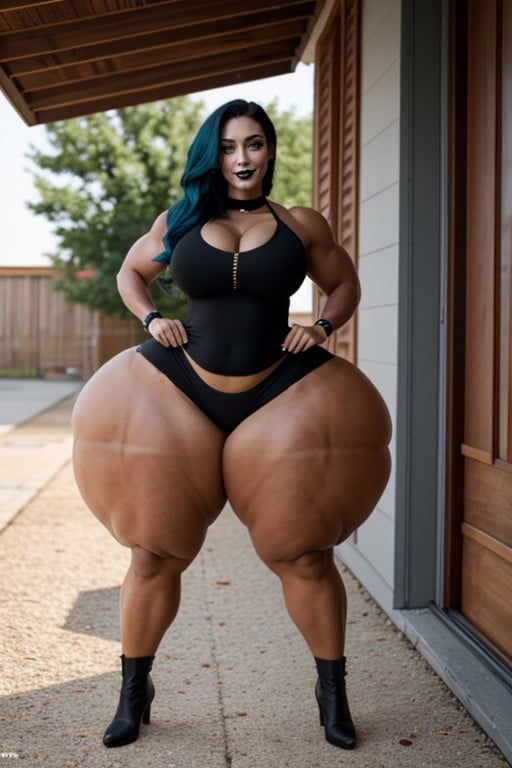 Oversized Colossal Gigantic Hyper Breasts, Blue Hair, Steroid Thick Thighs Porno IA