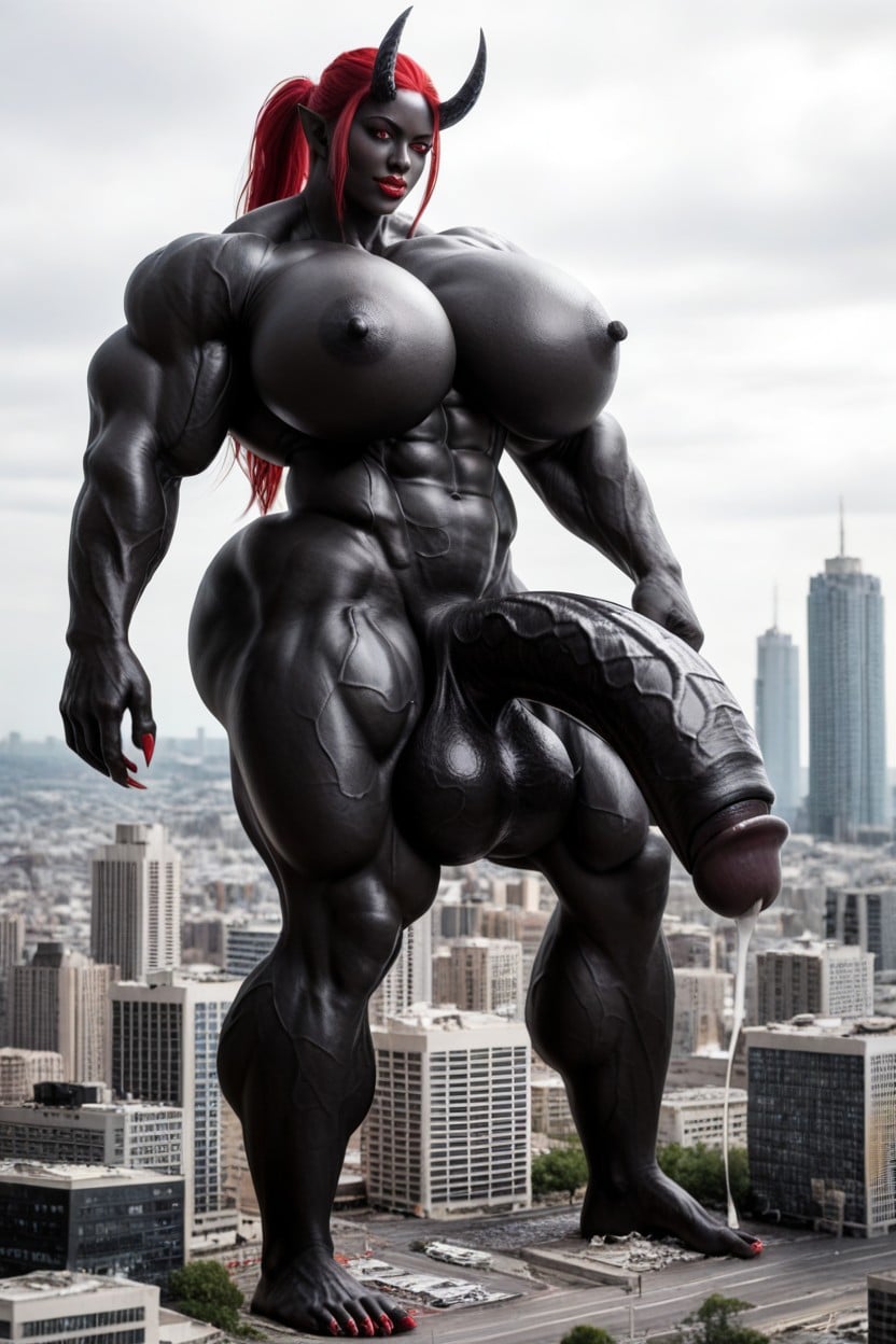 Giantess Is Taller Than City, Extremely Long Black Cock, Red Nail ニューハーフAIポルノ
