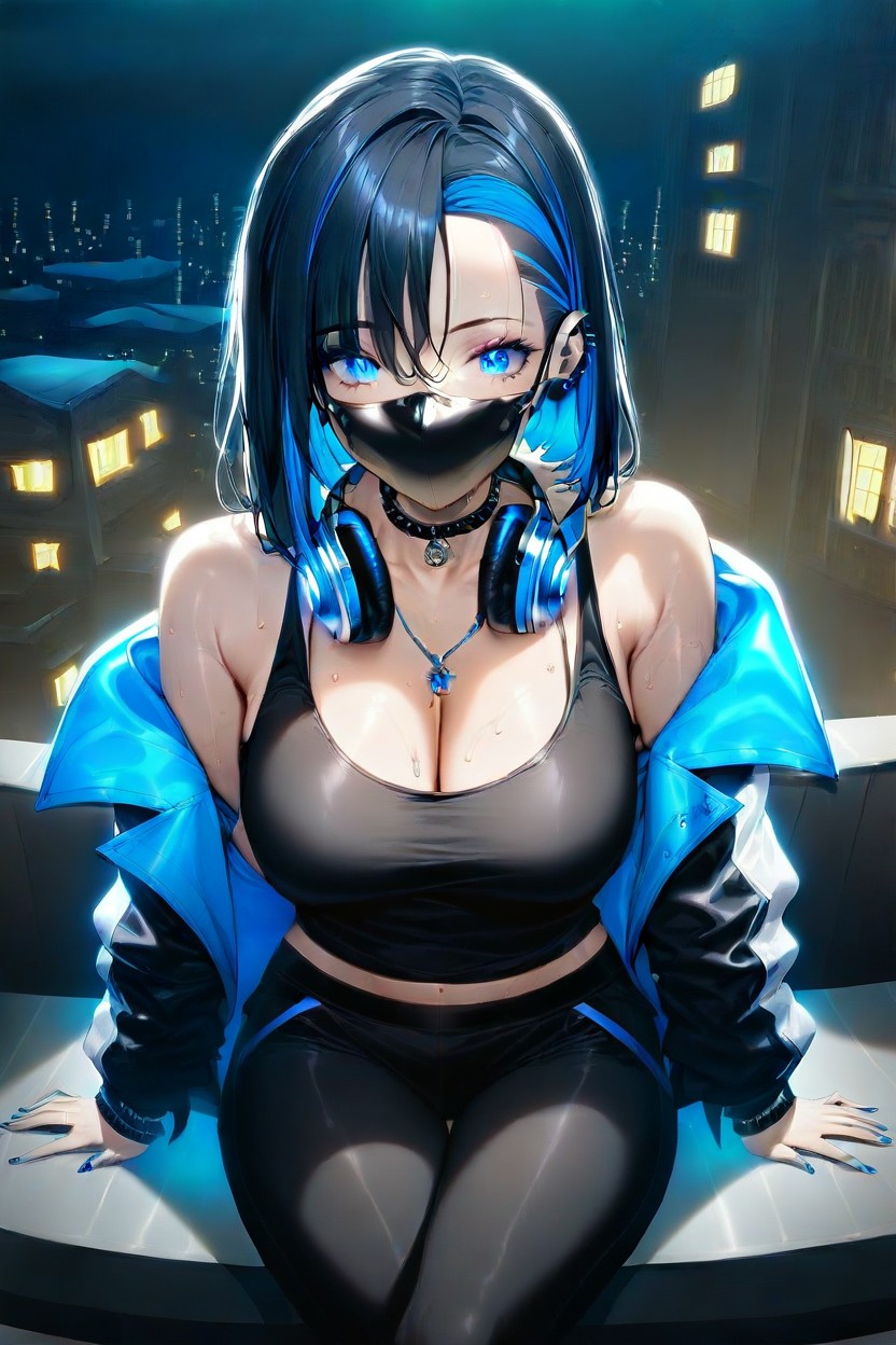 Bob, Off-shoulder, Blue Streaked Hair Hentai AI Porn