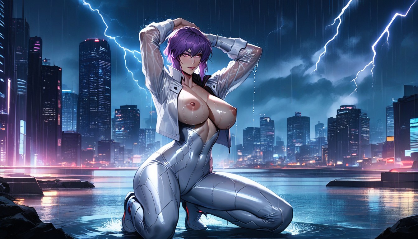 Kneeling, Wet Skin, Cyberpunk City AI Porn