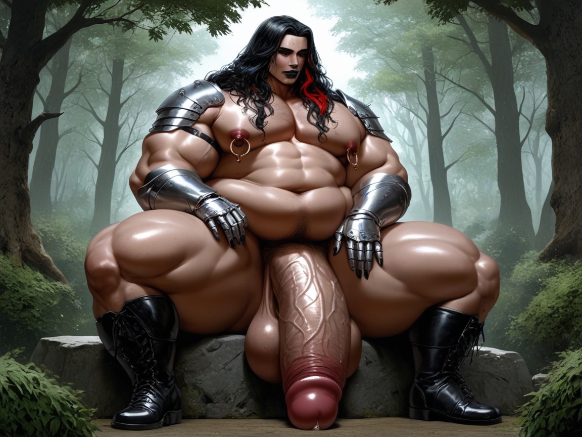 Black Hair With Red Highlights, Boots, Penis Touching The Ground AI Gay Porn