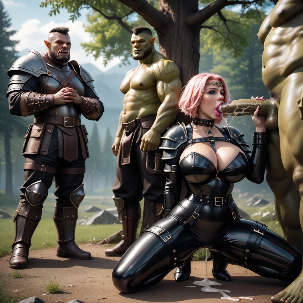Latex Catsuit Under Armor, Squeezing Breasts Hard, Tied Against Tree Hentai AI Porn