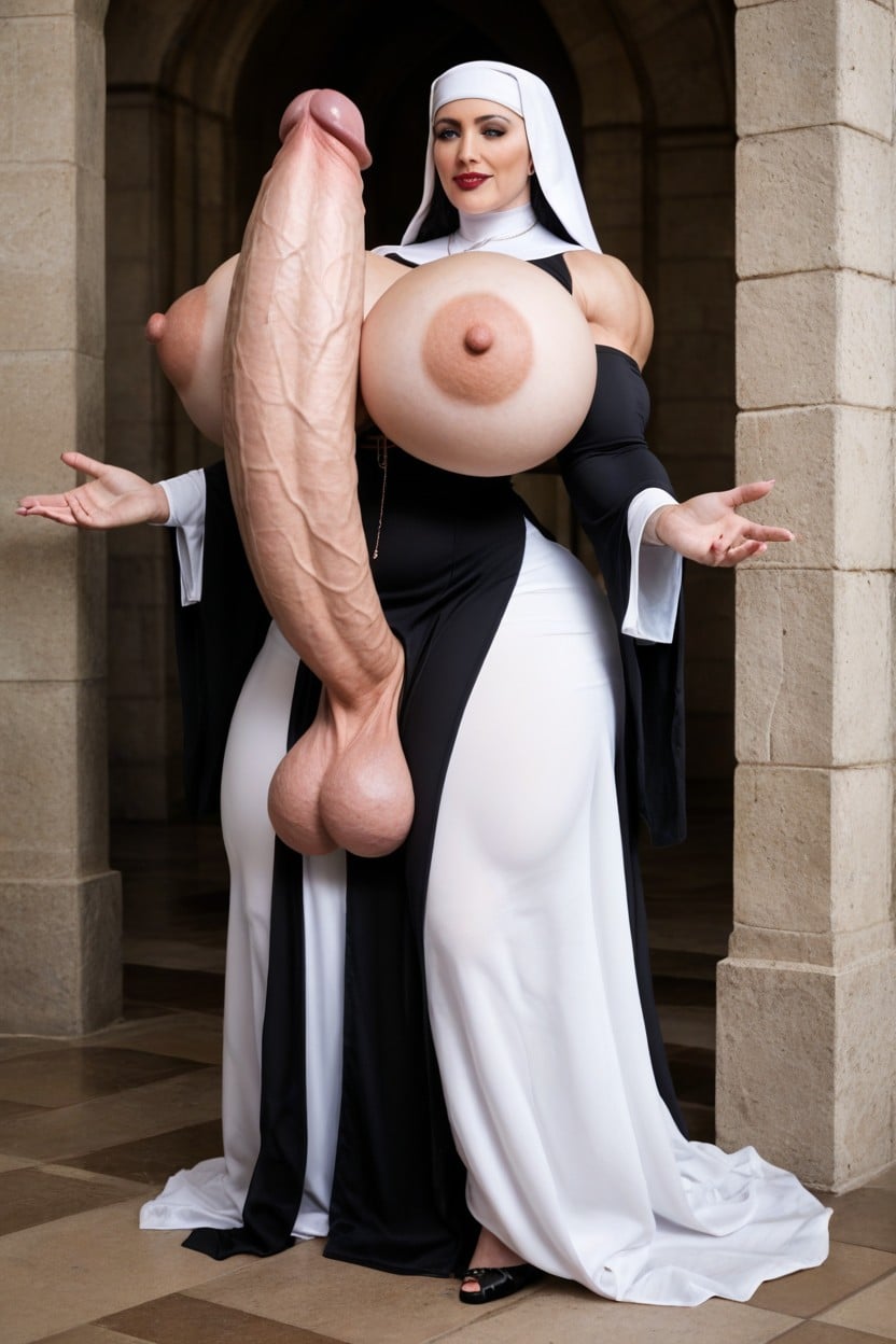 Standing In A Church, Huge Shoulders, Realistic Travesti IA Pornô