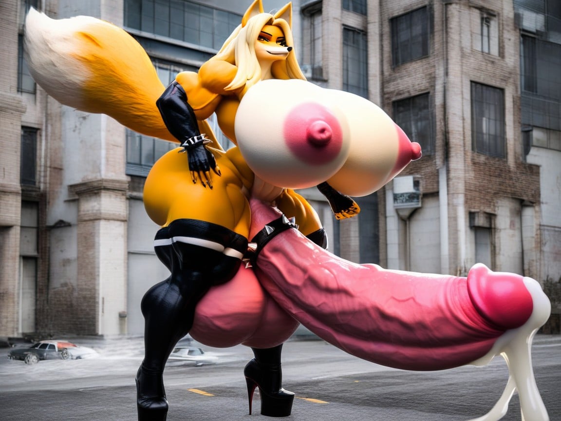 Huge Muscular Arms, Spiked Bracelet, Gigantic Cock And Gigantic Sagging Balls Furry AI Porn