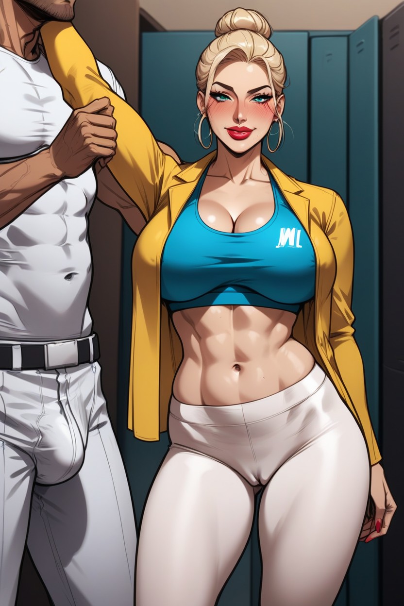 Man Embarrassed, Fully Clothed, Milf By Size Of Very Long Penis Print In The Mans Pants AI Porn