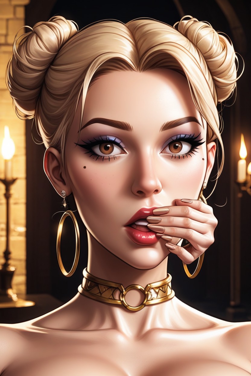 Shocked, Blonde Hair Bun, Detailed Face AI Porn