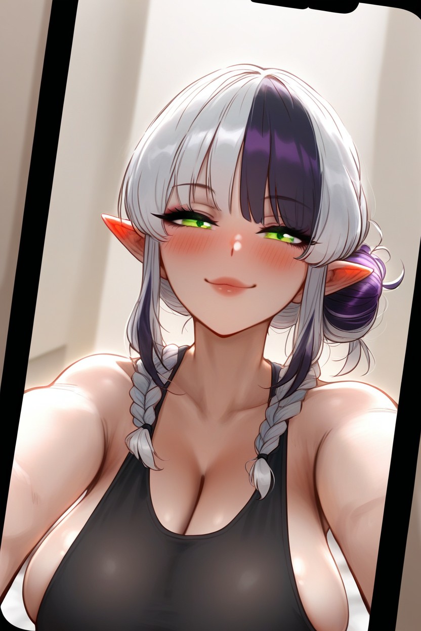 Hair Hairbun Blue, Smug Expression, Hair Bobcut Red Hentai AI Porn