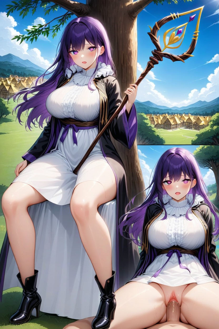White Straight Maxi Skirt, Long Side Locks, Embarrassed Hentai AI Porn