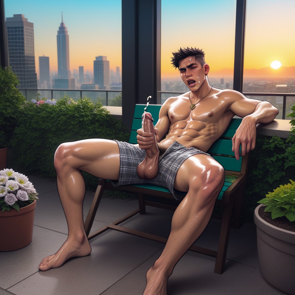 Penis Sneaking Out, One Arm Up, Oiled Skin AI Gay Porn