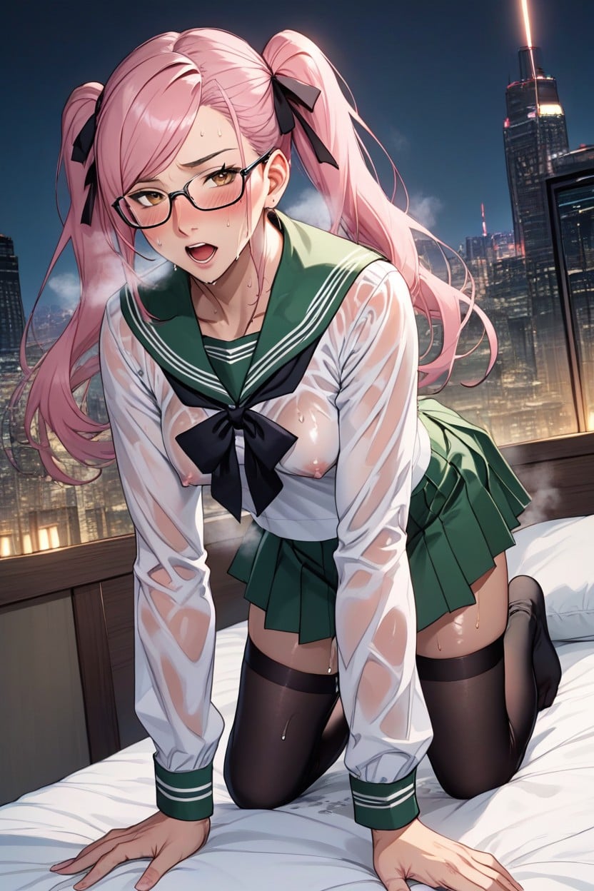 Sweating, Futuristic Cityscape, Cuerpo Completo Hentai IA