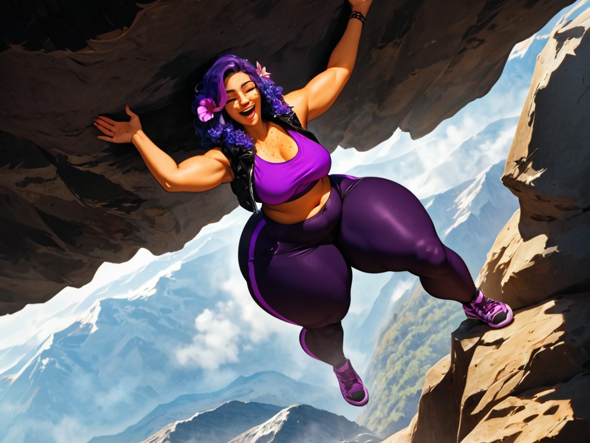Wearing Purple Climbing Gear, Rounded Chest Width, Ground In Far Distance 라틴 AI 야짤