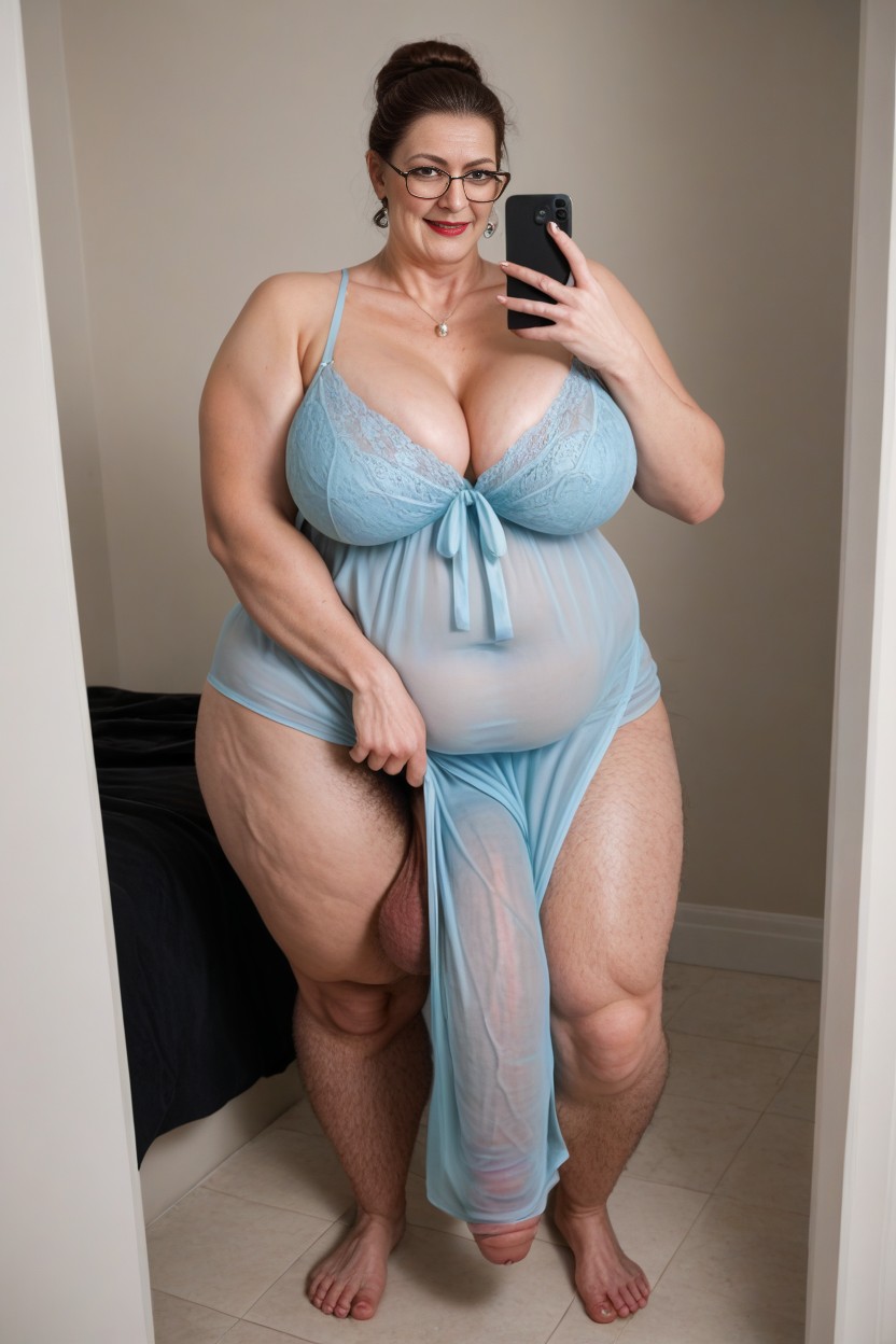 Grinning, Standing In Dressing Room, Hyper Hairy Chest Hair Extremely Massive Long Bulge Through Clothing AI Porn