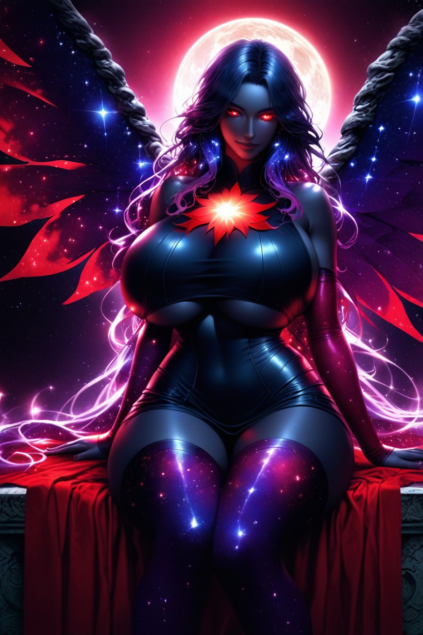 Massive Shining Star In Middle Of Chest, Cosmic Goddess, Purple Cosmic Clothes Hentai AI Porn