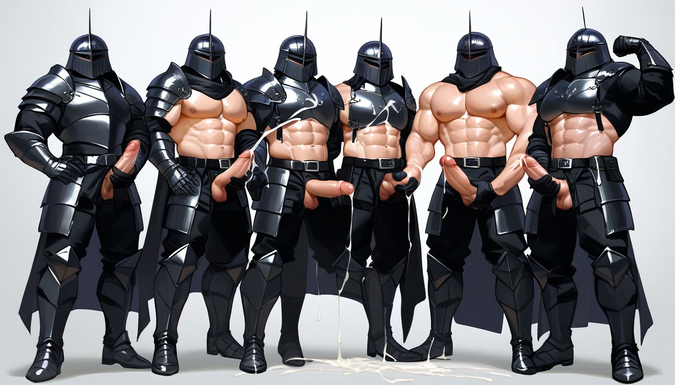 Black Armor Belt, One Arm Flexing Muscle, Full Body View AI Gay Porn