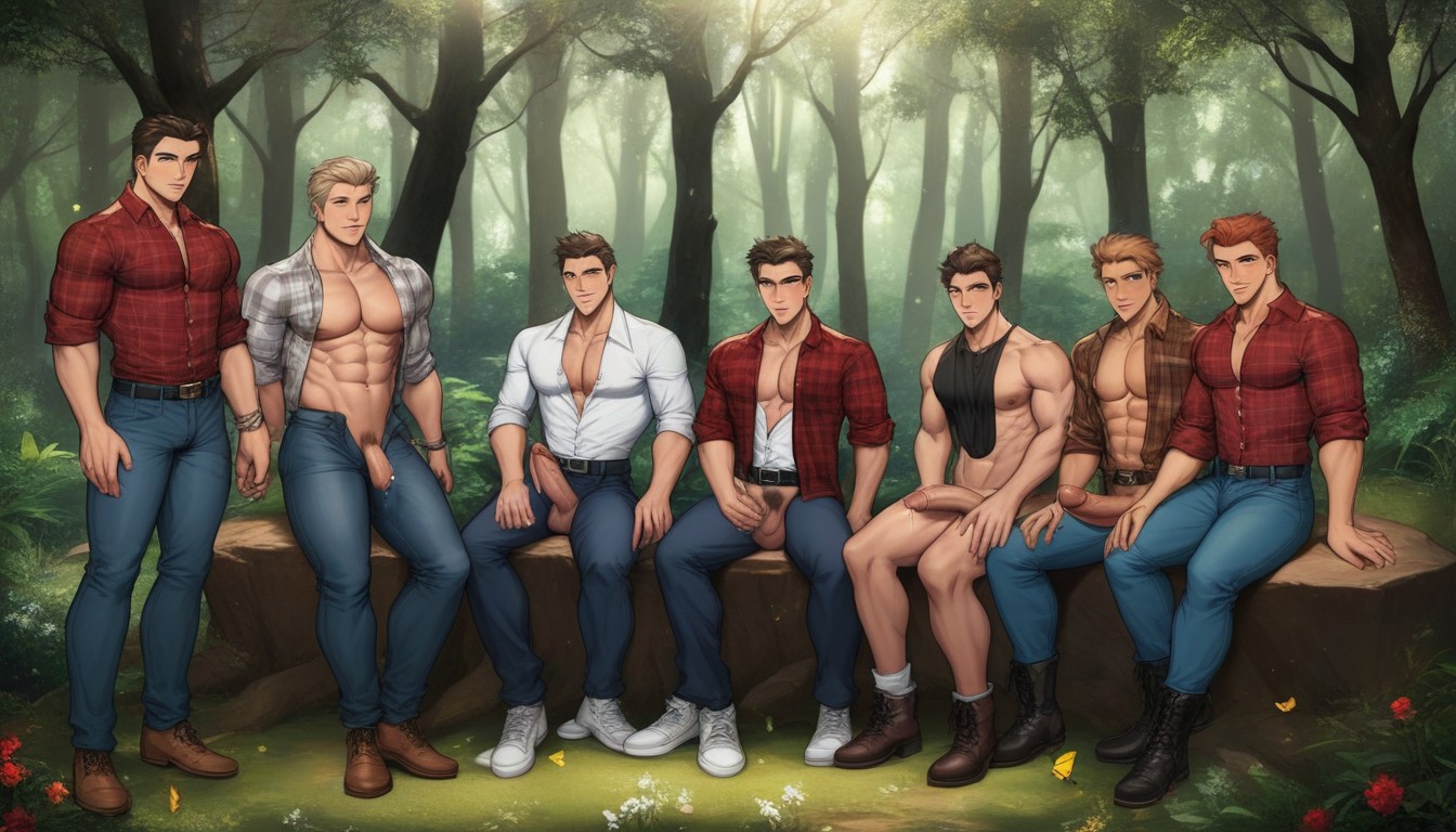 Race Canadian, Dark Brown Fingerless Gloves On Both Hands, Brown Lumberjack Boots AI Gay Porn