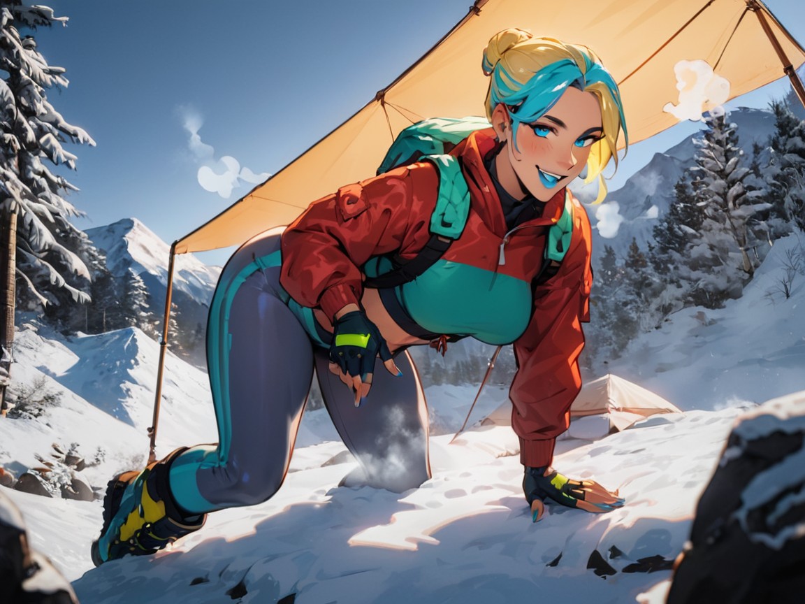 Neon Lighting, Mountain Base Camp Background, Blue Climbing Harness 라틴 AI 야짤
