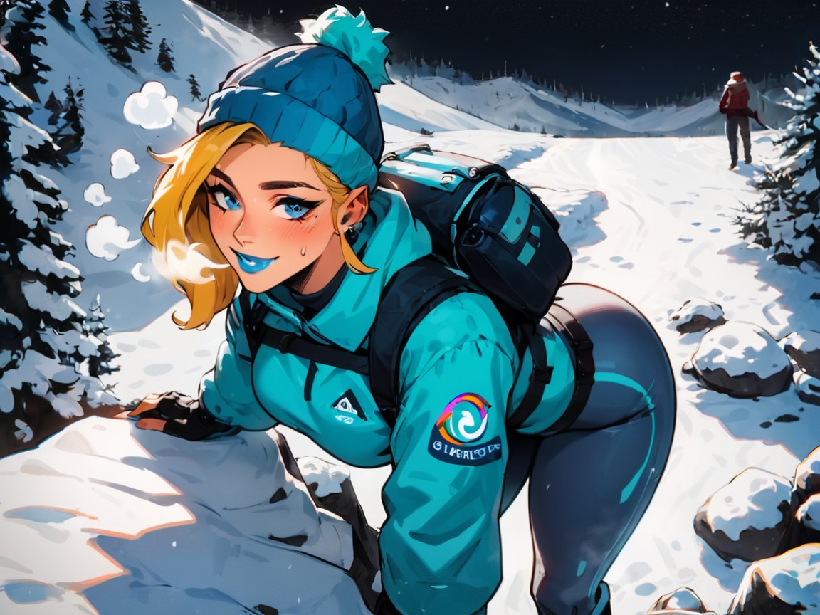 Blue Eyes, Flag On Top Of Tent, Wearing Blue Metallic Climbing Gear 라틴 AI 야짤