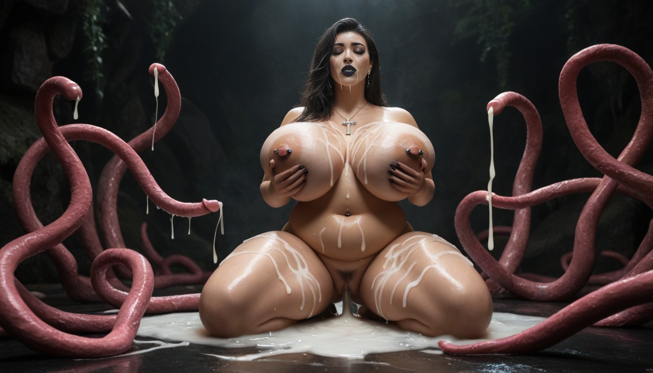 Cum On Hair, Hands Above Breasts Praying Hands Pose, Smeared Black Eyelashes AI Porn