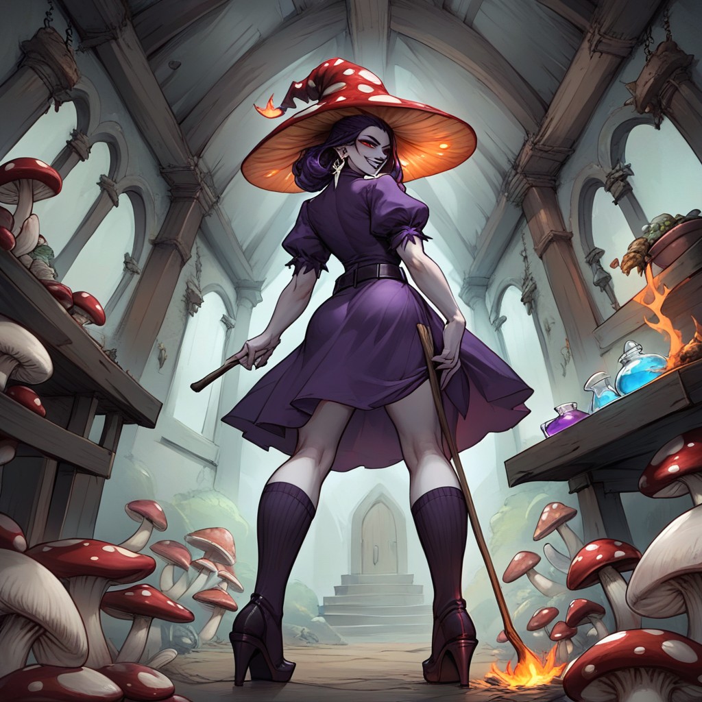 Mushrooms Inside The Cauldron, Purple Dress, Wide Angle Hentai AI Porn