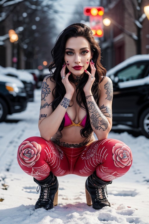 Conveying A Sense Of Attitude And Confidence Makeup** Her Face Is Adorned With Bold, Snowing, Blue Hour AI Porn
