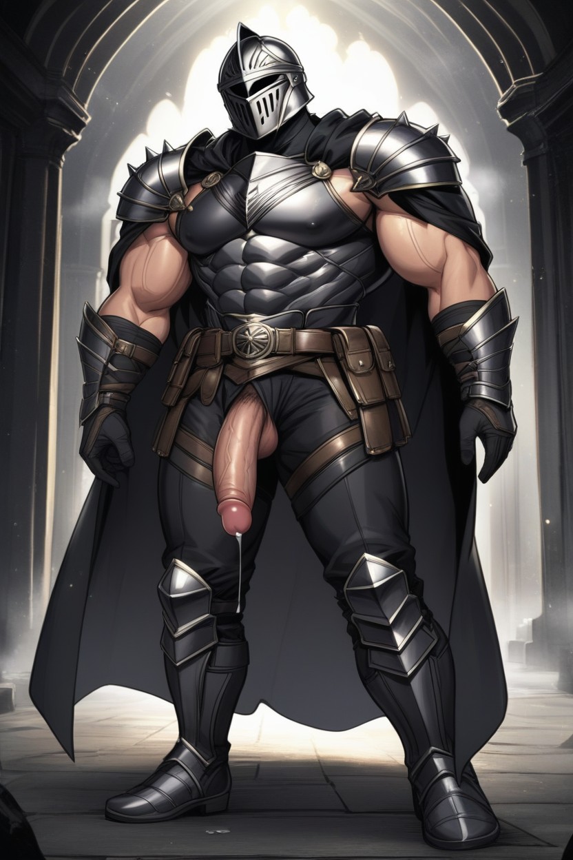 Exposed Penis, Black Armor Belt, Black Metal Shoulder Armor AI Gay Porn