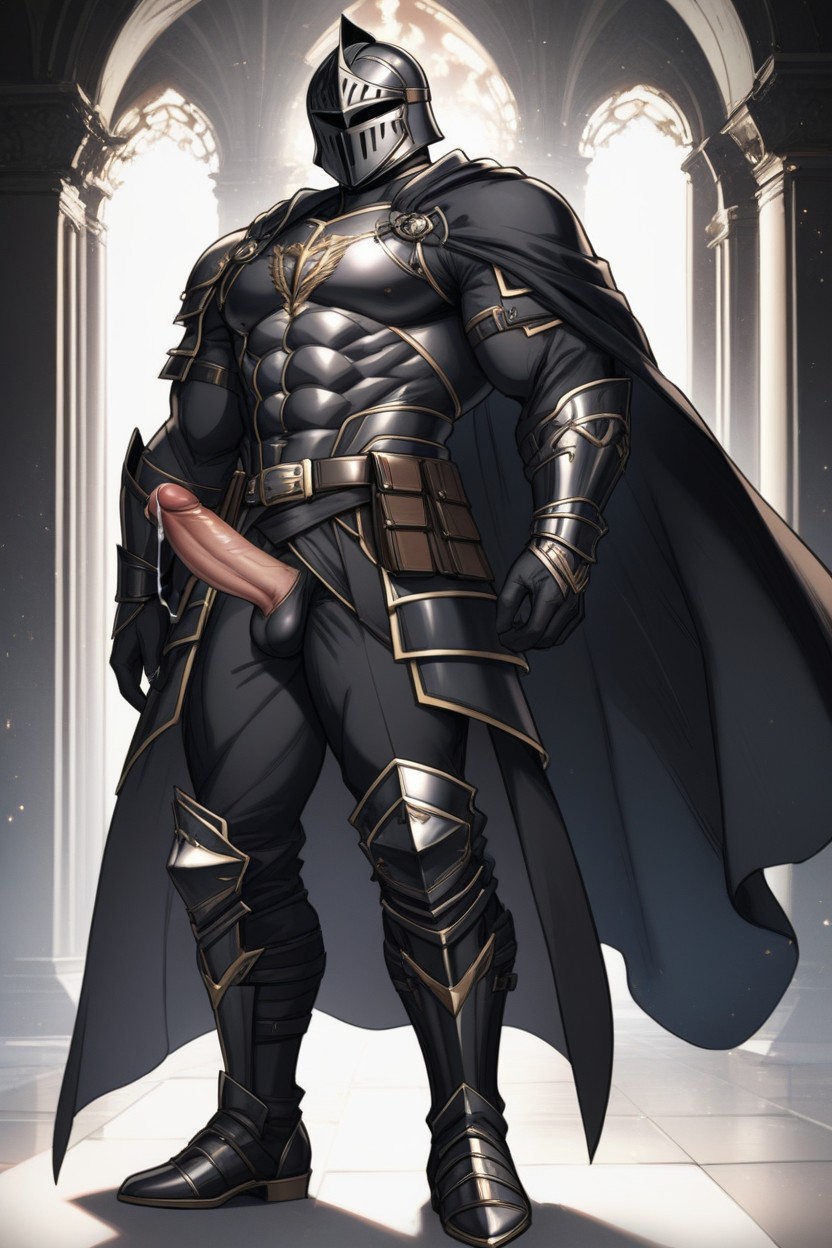 Moonlight Rays, Black Knight Helmet, Muscular Body AI Gay Porn
