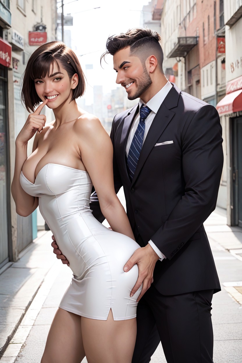 Focus On Hyper Round Bulging Ass, Male In Suit Behind, Big Boobs AI Porn