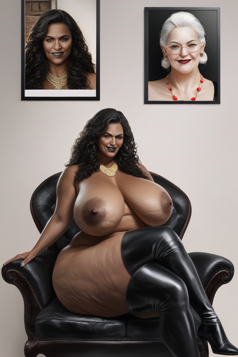 Sitting On A Black Leather Casting Couch, Long Length, Hair Hanging Down Her Back AI Porn