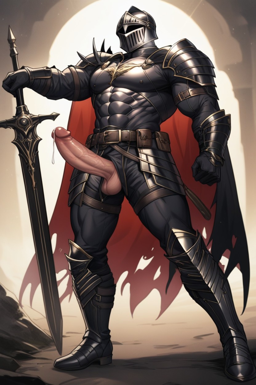 Six Pack Abs Imprinted On Armor, Looking At Viewer, Hard Penis AI Gay Porn