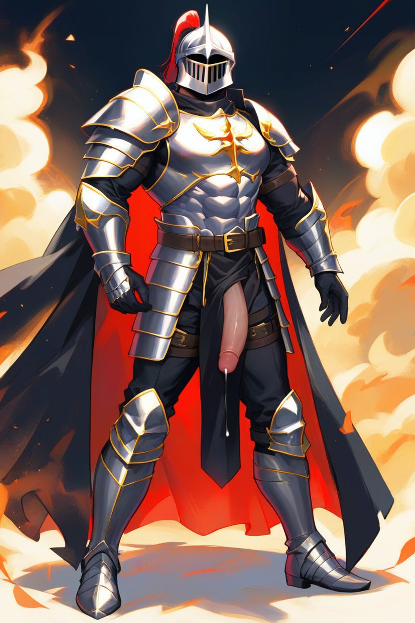 Precum Dripping, Wearing Full Black Metal Armor, Black Cape AI Gay Porn