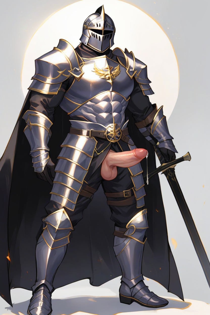 Black Leggings, Front Side View, Face Fully Covered With Knight Helmet AI Gay Porn