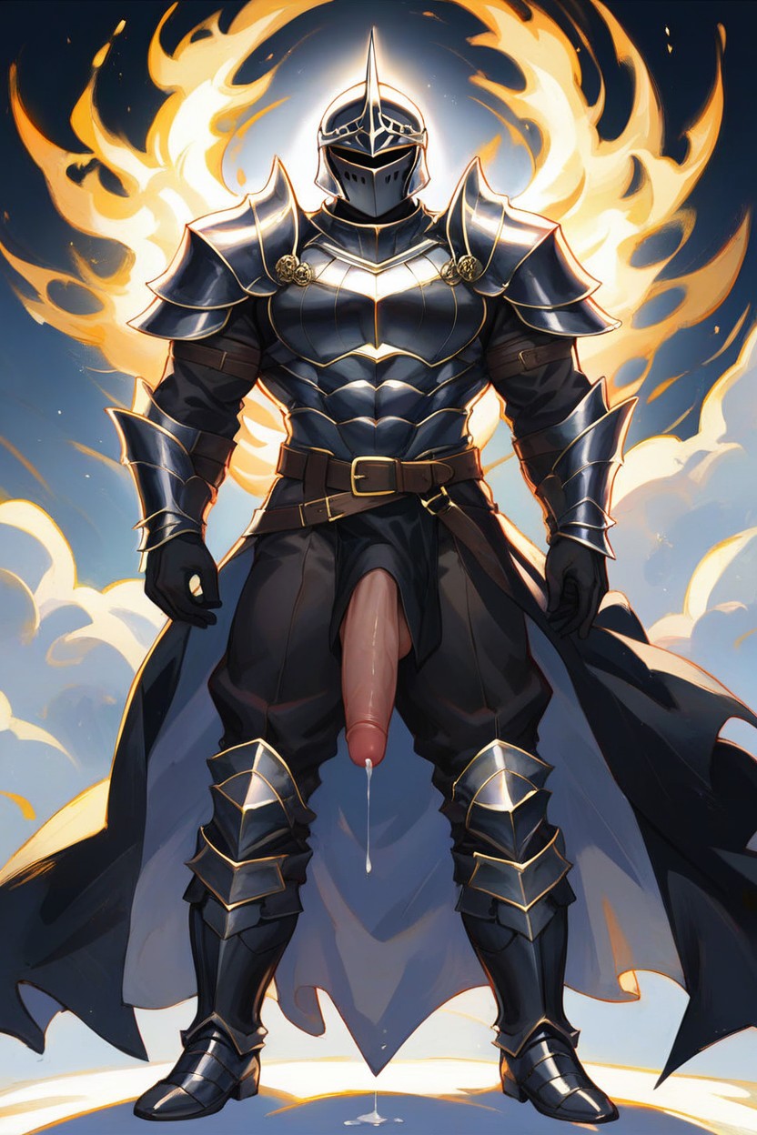 Light Sparkle Shining On Helmet, Black Armor Belt, Black Knight Helmet AI Gay Porn