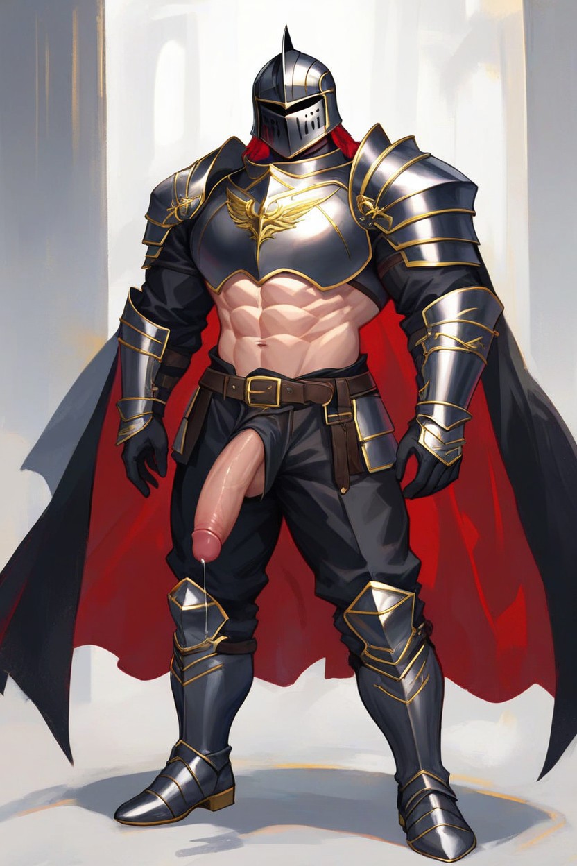 Black Knight Helmet, Hard Penis, Dark Dungeon Background AI Gay Porn