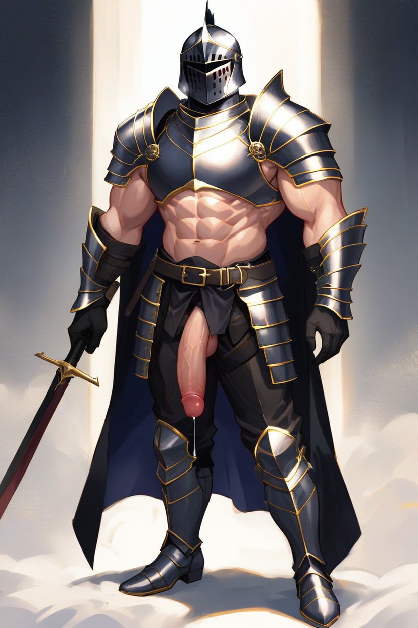 Fully Clothed, Wearing Full Black Metal Armor, Black Armor Boots AI Gay Porn