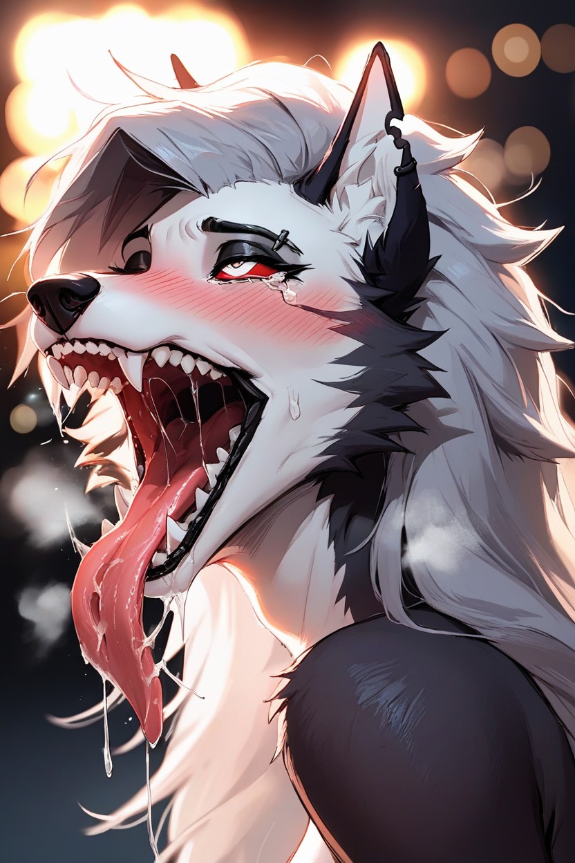 Tongue Lolling Out, Close Up, Highlights On Edges Furry AI Porn