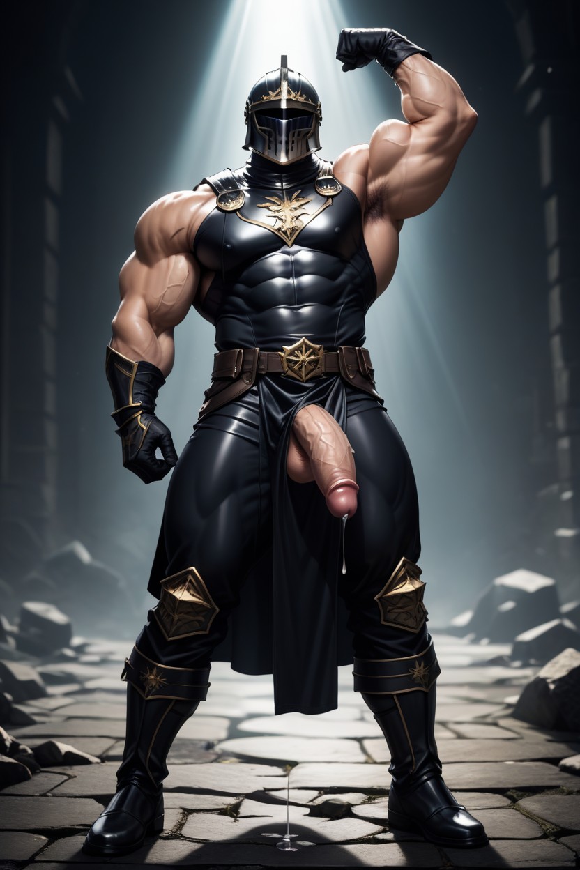 One Arm Flexing Muscle, Black Metal Chestplate, Light Sparkle Shining On Helmet AI Gay Porn