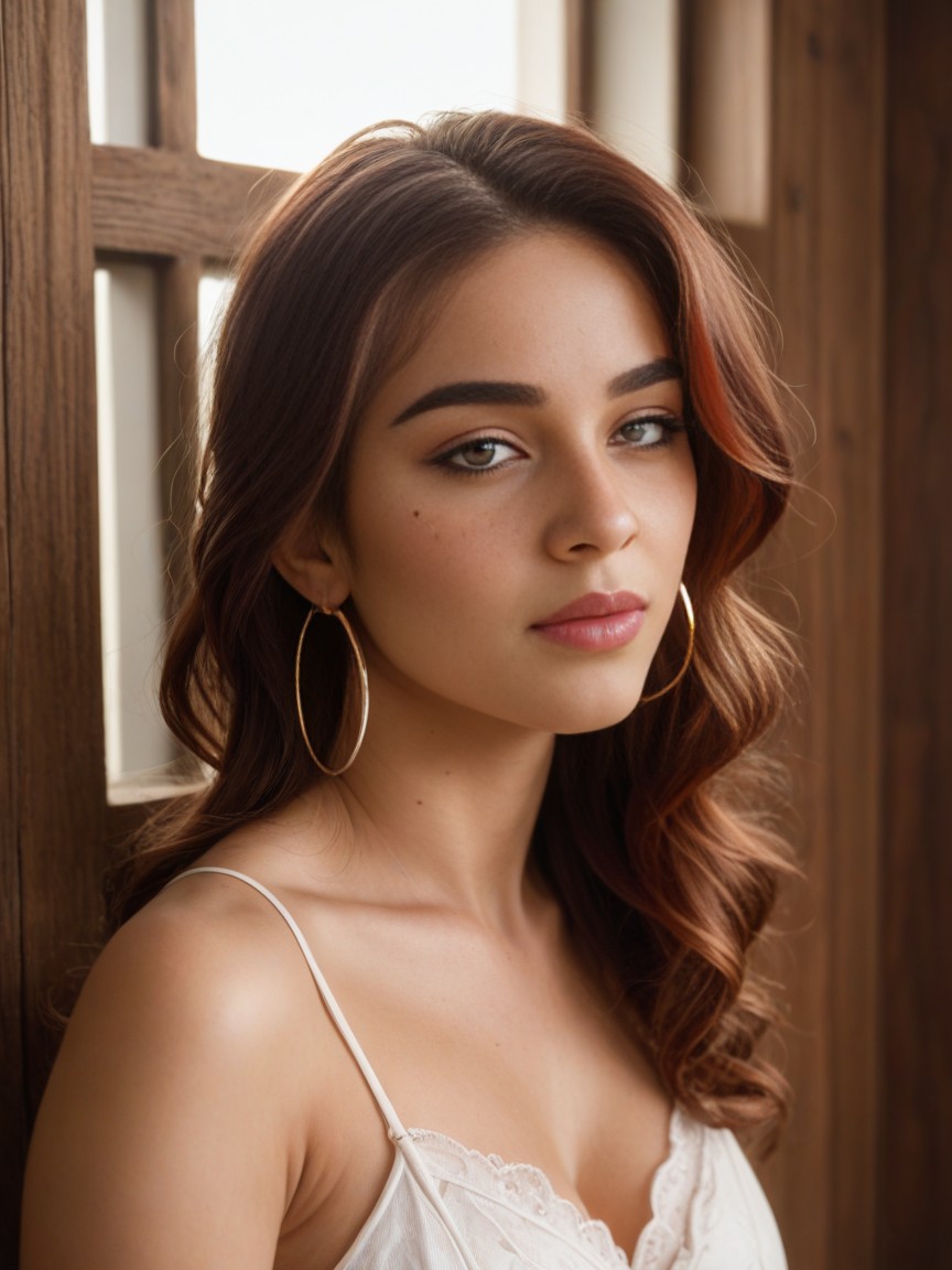 High Cheekbones, Serene Expression, Simple Silver Hoop Earrings AI Porn