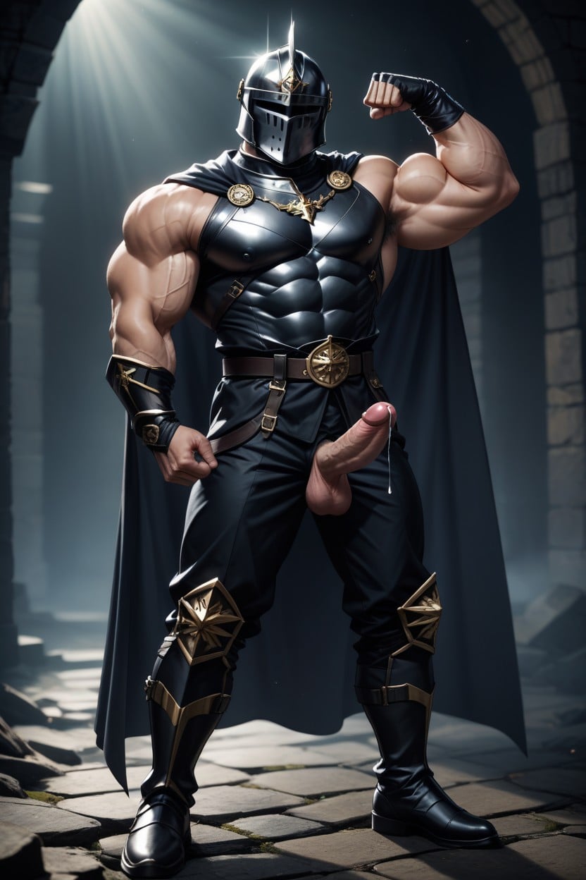 Black Knight Helmet, Dynamic Pose, Muscular Body AI Gay Porn