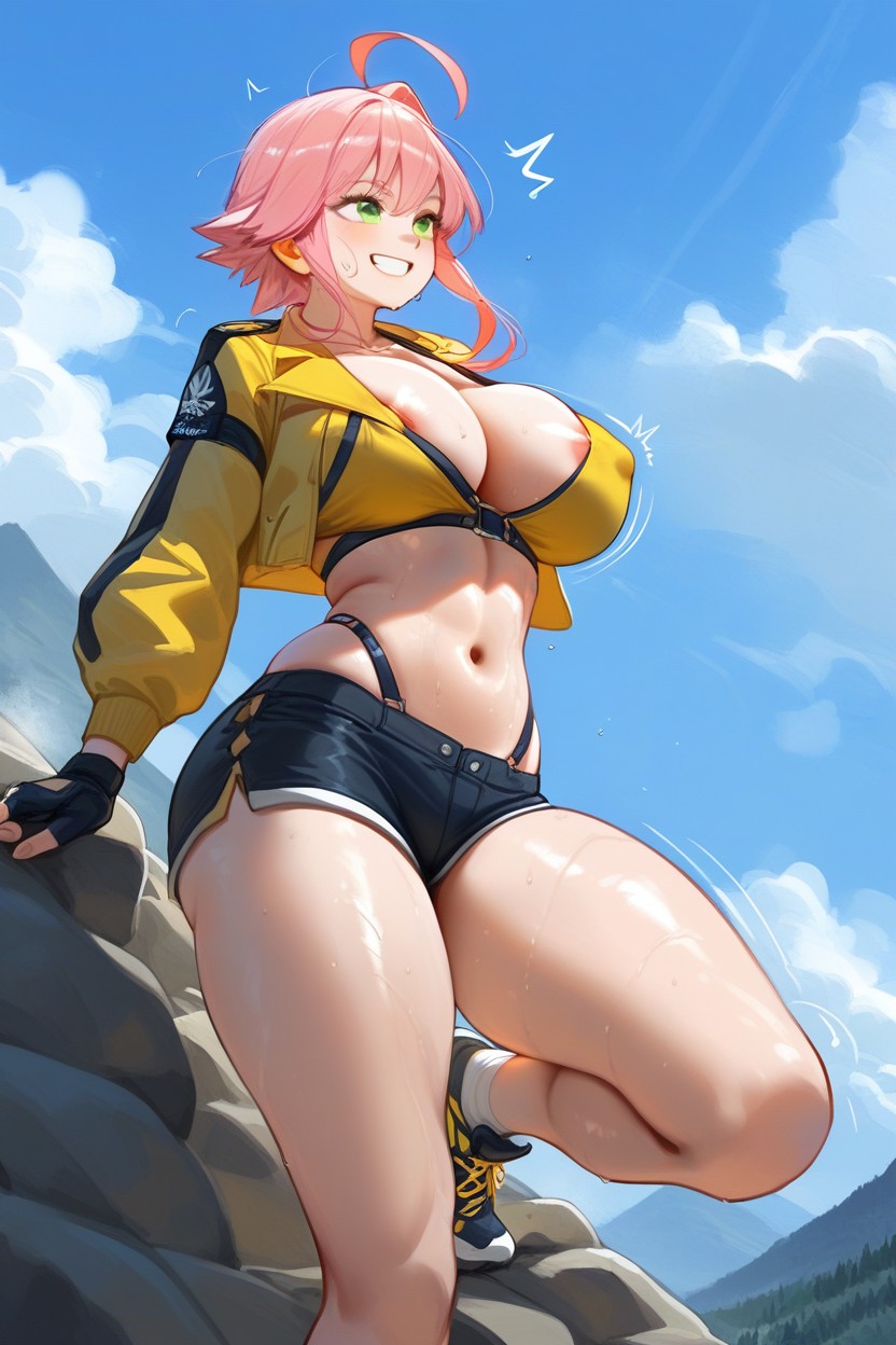 Ahoge, Yellow Jacket, Fingerless Gloves Hentai IA
