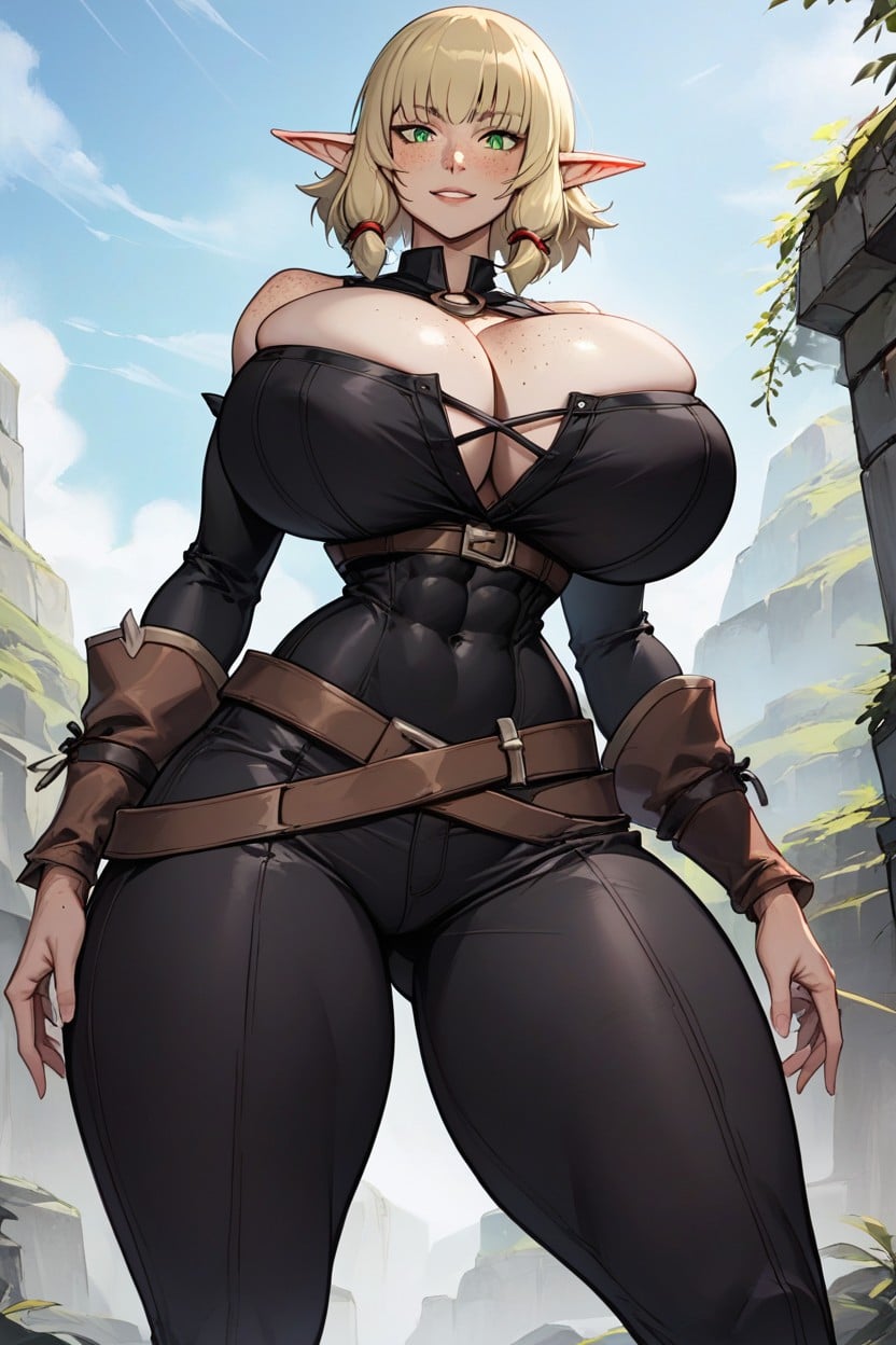 Blonde Hairs, Tight Black Sleeveless Jumpsuit, Fit Hentai AI Porn