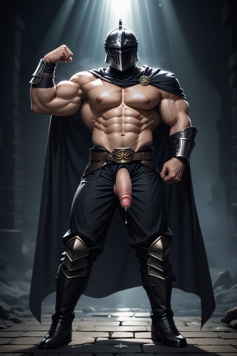 Black Armor Boots, Wearing Full Black Metal Knight Armor, Light Skin Penis AI Gay Porn