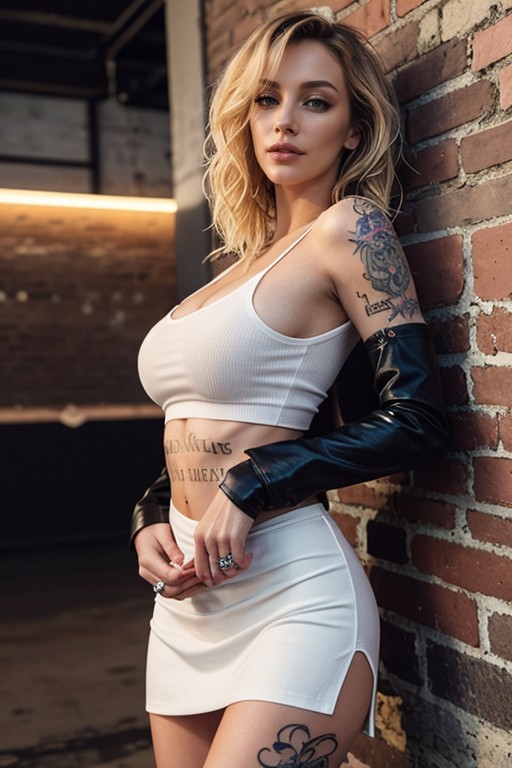 Tattooed Legs, Full Body Tattooed, Blonde Wavy Hair AI Porn