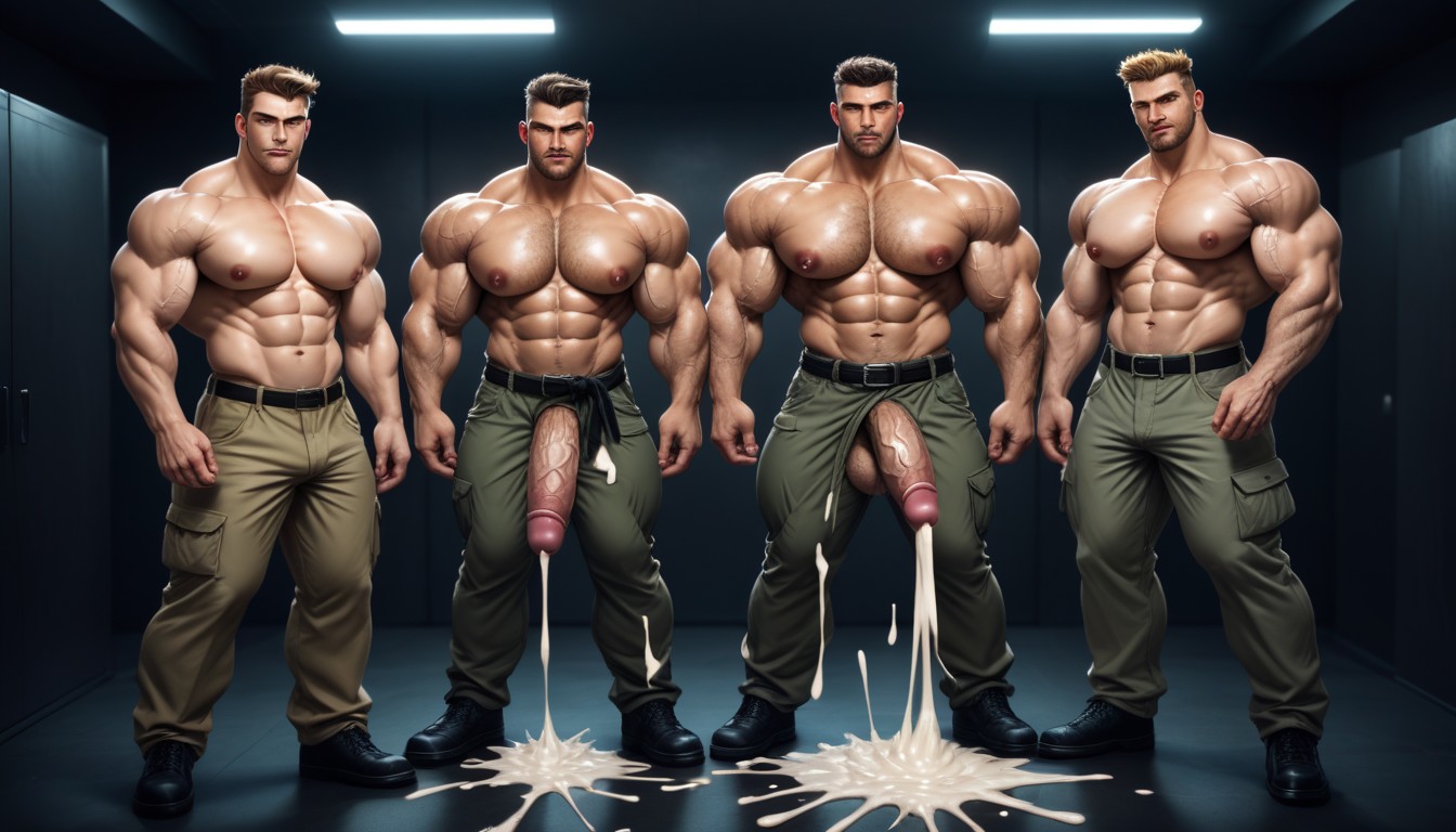 Self Blowjob, Wearing An Olive Green Military Style Shirt With Half Unbuttoned Front Revealing Chiseled Chest And Abs, Anal Sex AI Gay Porn
