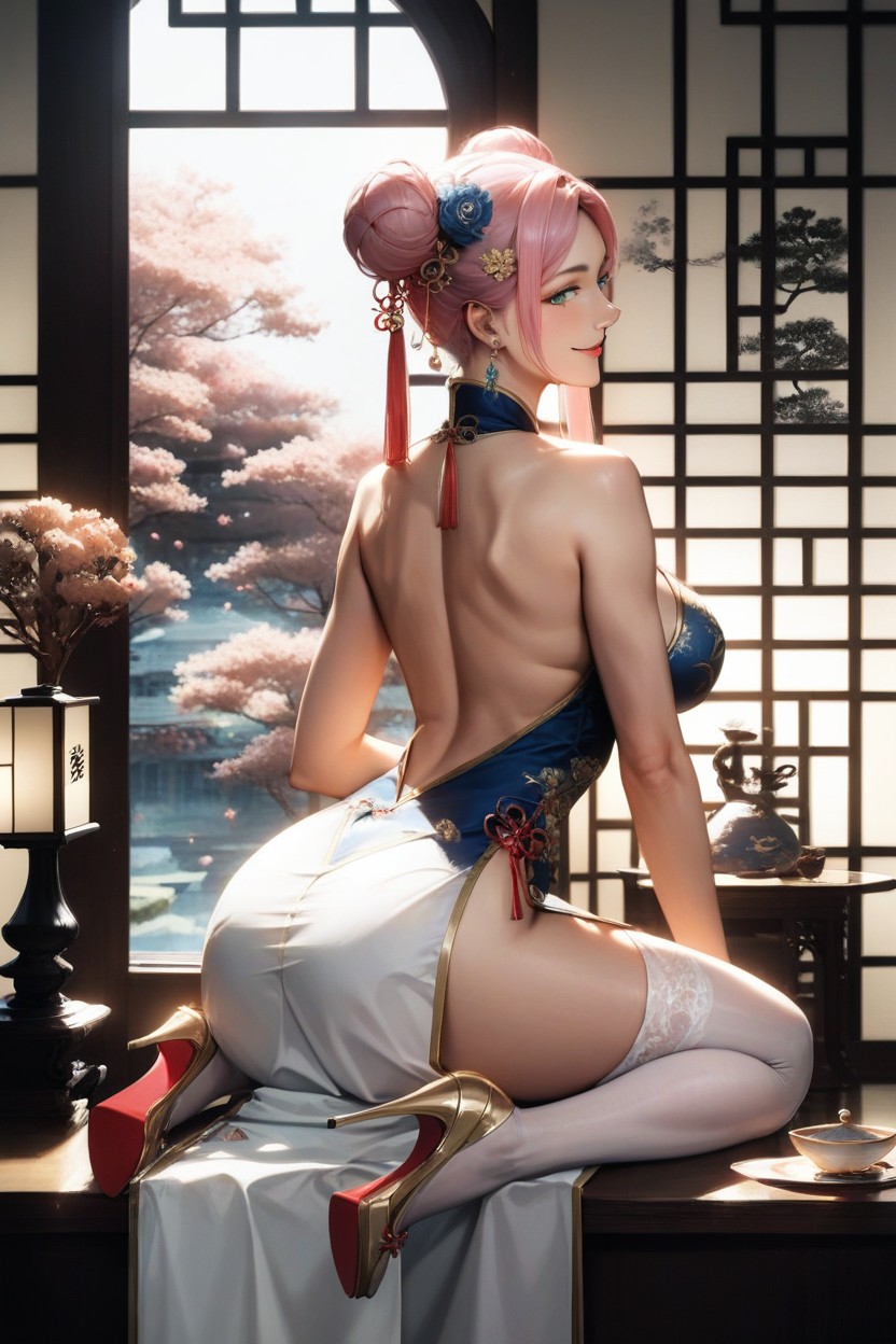 Detailed Pink Patterns And Tight Curves, Soft Ambient Light Filtering Through The Paper Window, Realistic Shadow And Light Rendering AI Porn