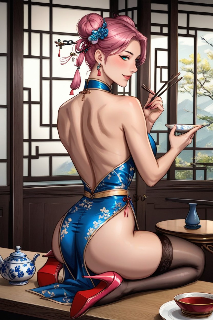 Chinese Traditional Room Interior, Her Body Covered In Semi Transparent White Silk Qipao With Floral Embroidery, Luxurious AI Porn