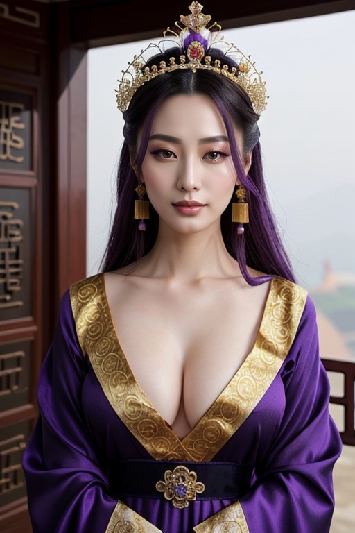 Escote, Long Hair, Extravagant Purple Empress Robe Porno IA