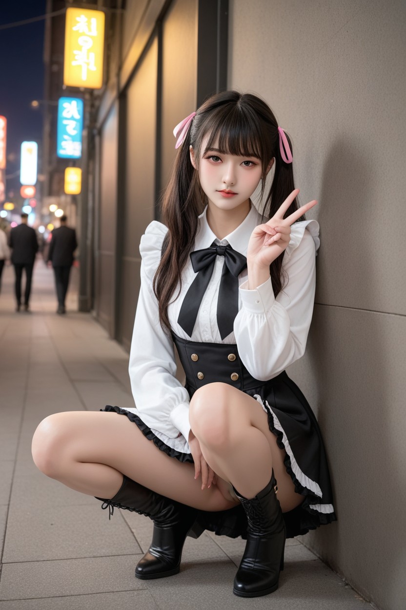 Black Two Side Up Hair, Squatting On Floor, Crowd Asian AI Porn