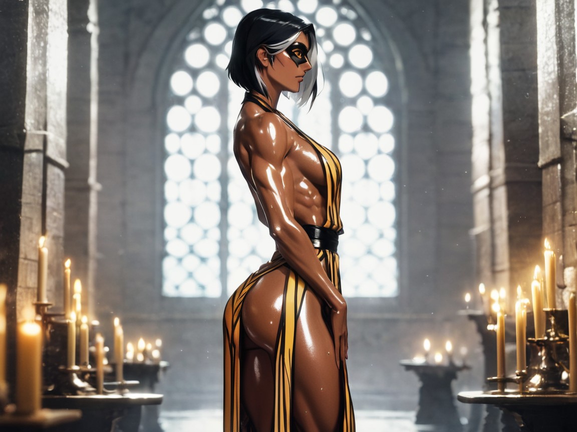Woman Lighting Candles, Squared Hips, Chest And Hips Proportionate Latina AI Porn