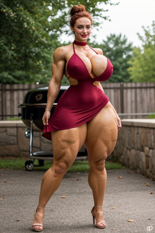 Extreme Muscular Steroid Body, Botox Lips, Floral Print Sundress AI Porn