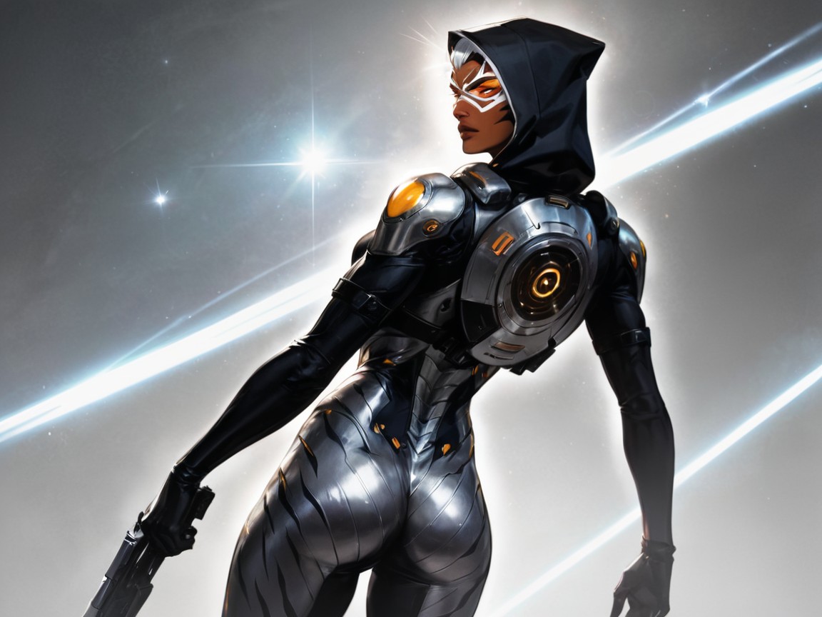 Wide Proportionate Waist, Black Hair With Silver Highlights, Bounty Hunter Porno IA Latina